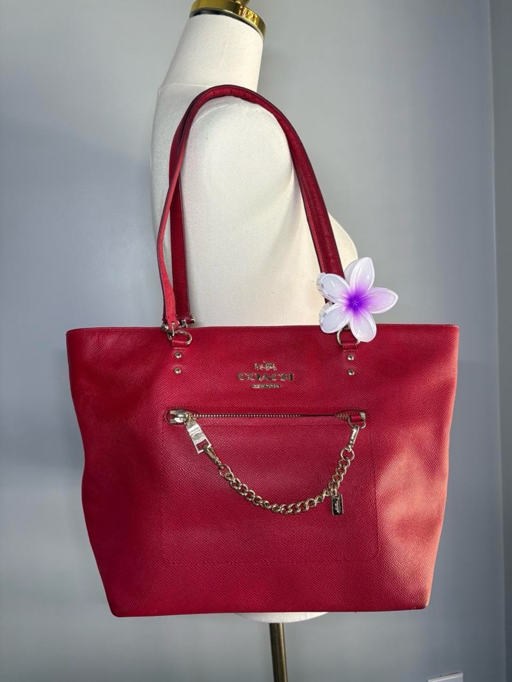 Coach Town Car Tote Red Leather with Chain Accent